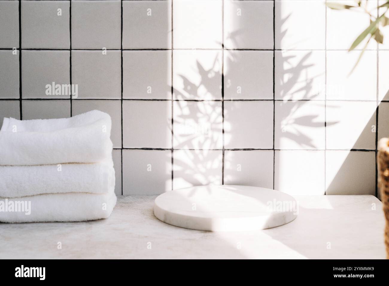 Marble white round podium for bathing products in bathroom, spa shampoo ...