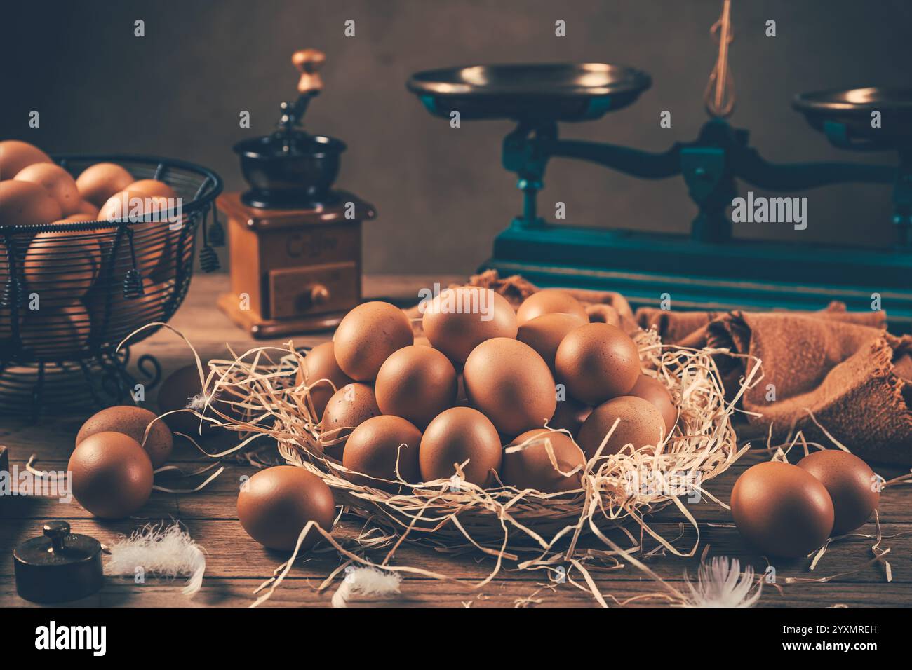 Organic brown eggs on kitchen table Stock Photo