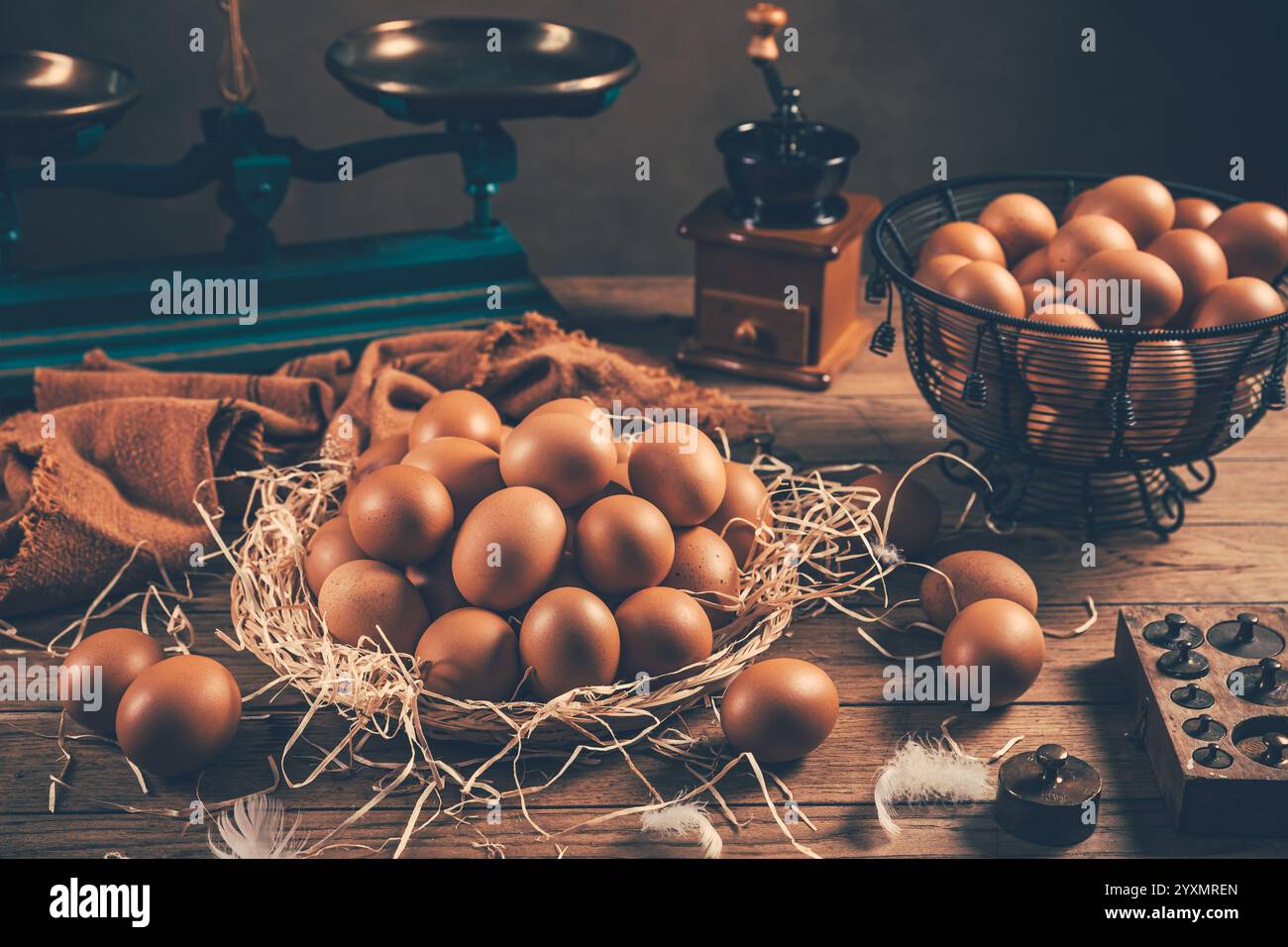 Organic brown eggs on kitchen table Stock Photo
