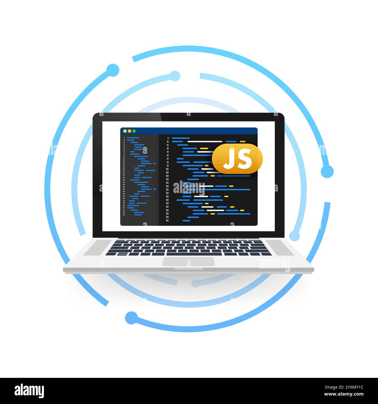 Laptop showing javascript code on screen programming and software development Stock Vector