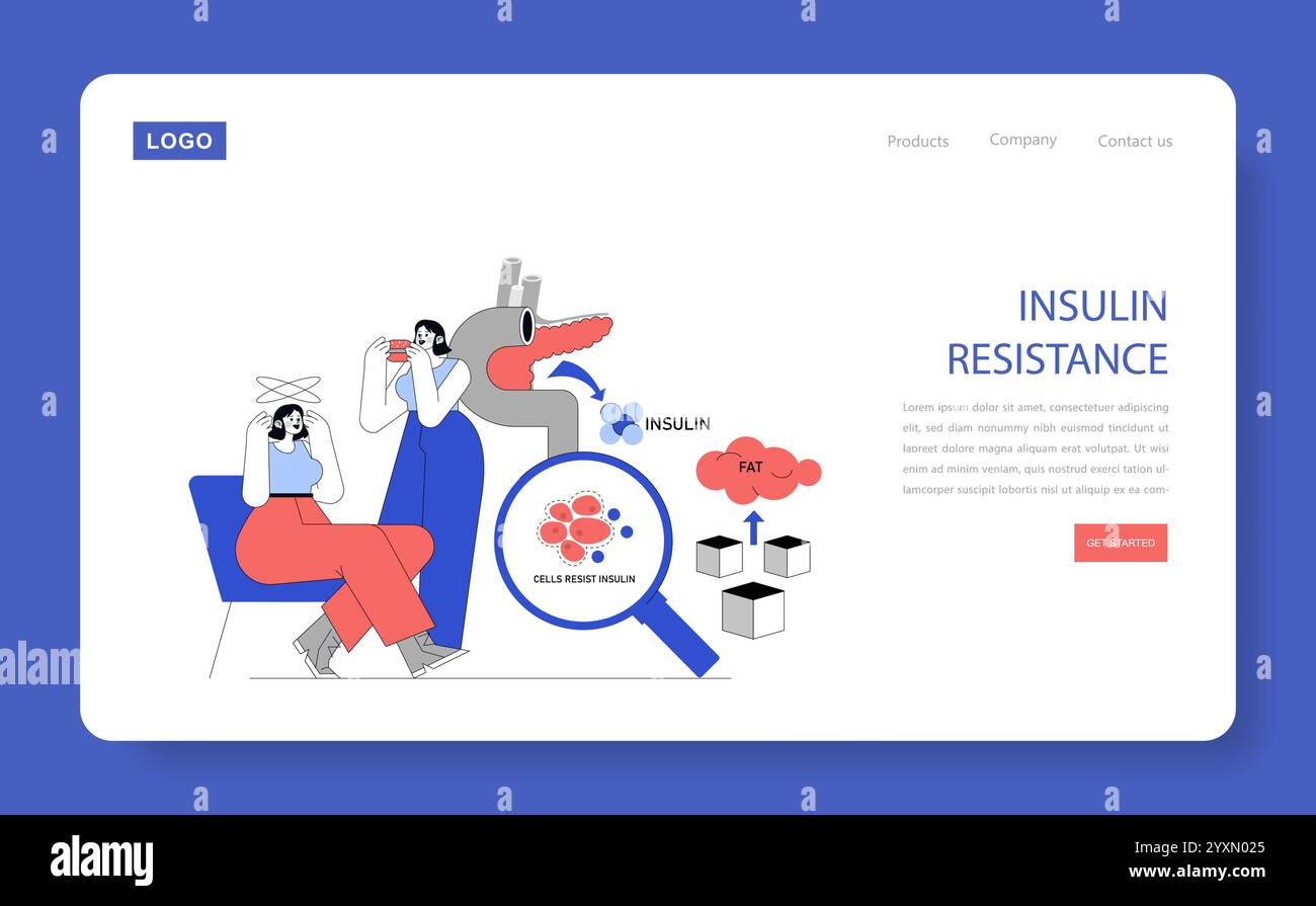 Insulin resistance concept. Illustration showing how fat affects insulin effectiveness, highlighting cellular response. Educational web banner design. Vector illustration. Stock Vector