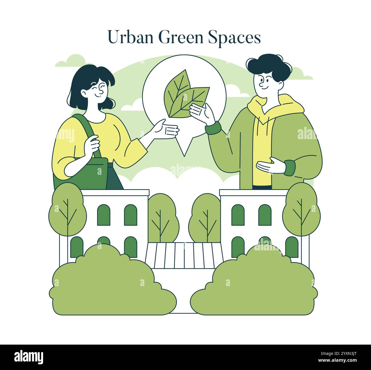 Urban Green Spaces concept. Two individuals engaging in a dialogue on environmental care against a city park backdrop. Promoting community involvement in green initiatives. Vector illustration. Stock Vector