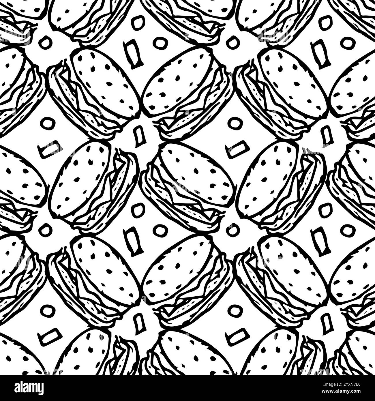 Seamless burger pattern. Drawn hamburger background. Doodle hand drawn ...