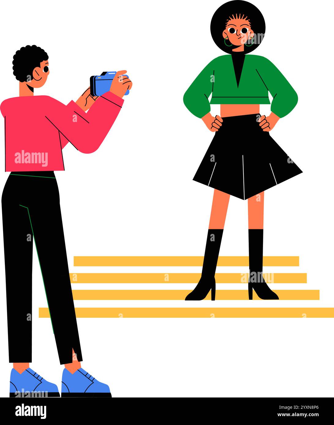 Photographer taking a picture of female model posing on steps in flat