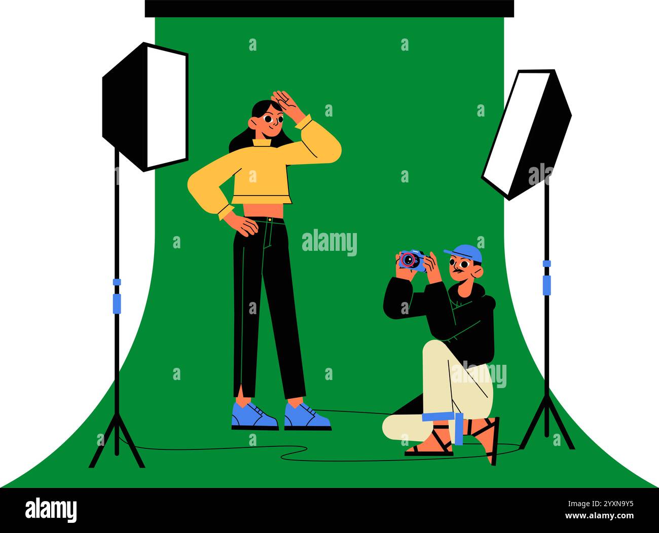 Fashion Photoshoot Scene With Model And Photographer In Flat Vector