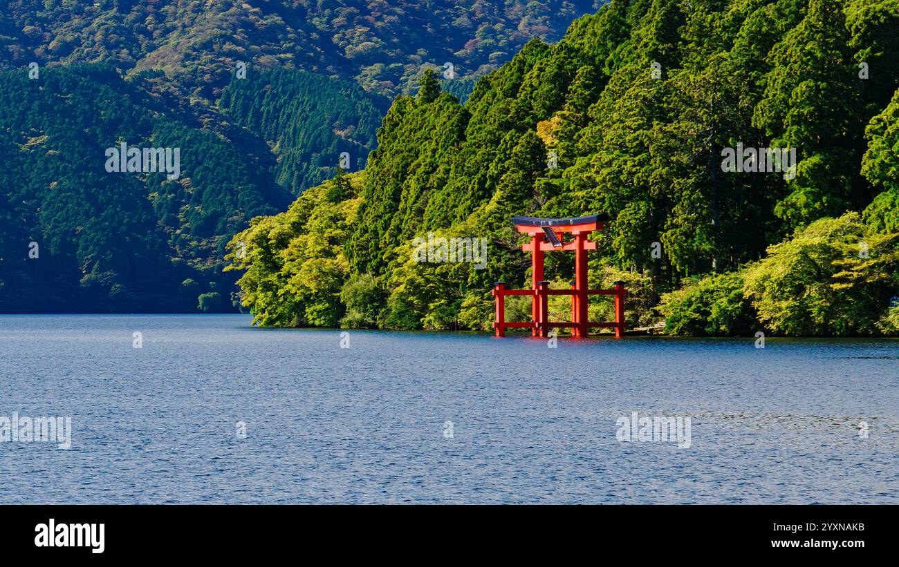 The vermilion Heiwa-no-Torii gate of Hakone Shrine stands gracefully along the tranquil shoreline of Lake Ashi in Hakone, Japan. Stock Photo