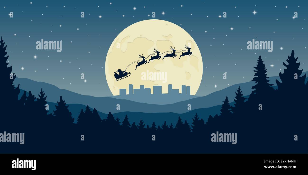 christmas banner santa claus in a sleigh with reindeer in the city ...
