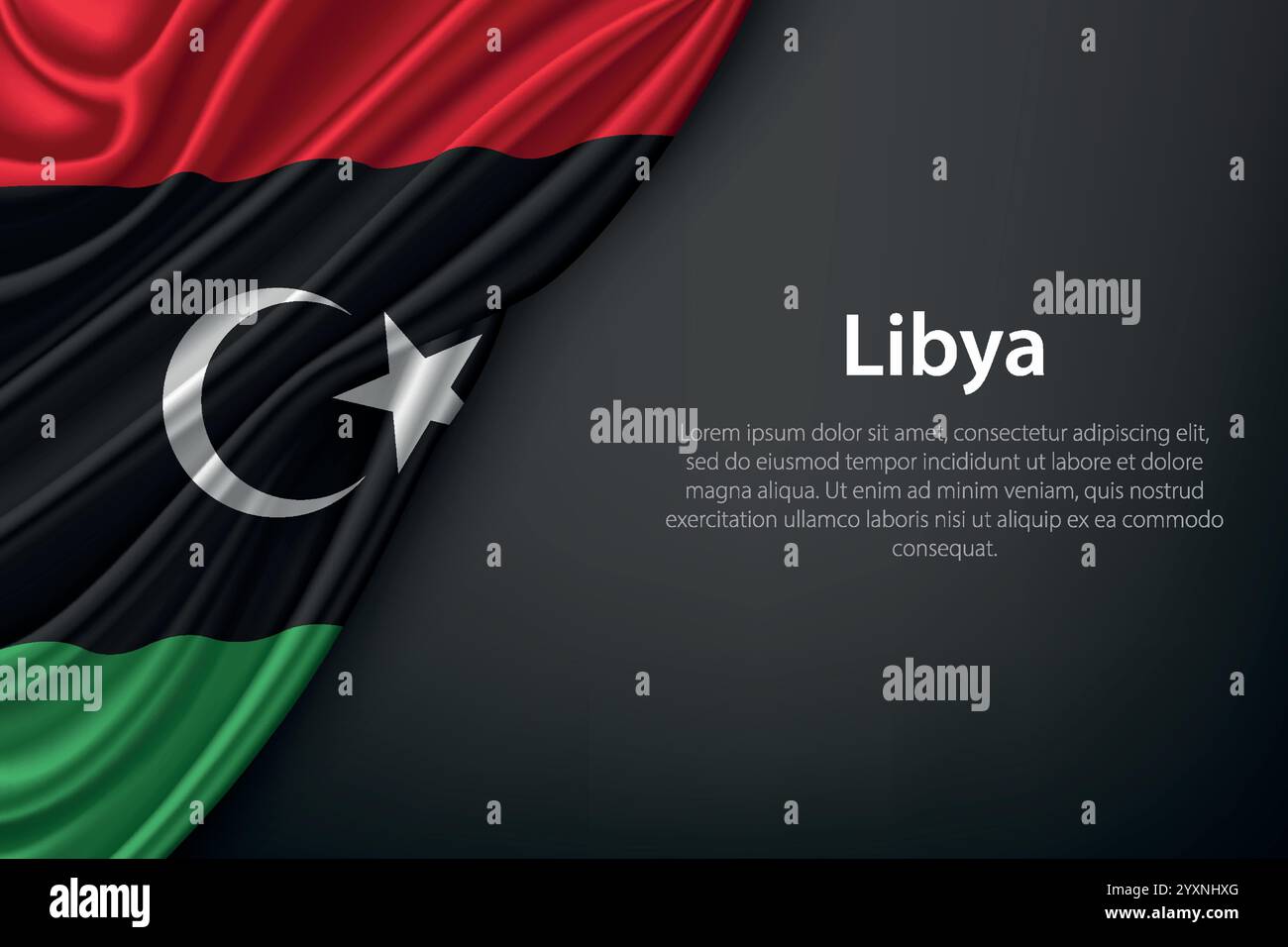 Realistic depiction of the Libya flag with flowing texture on a dark ...