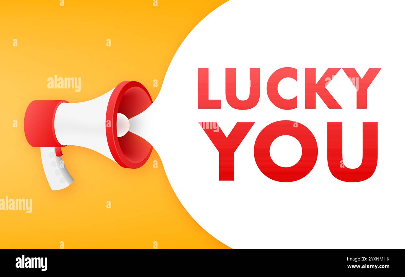 Megaphone announcing lucky you on orange and white background Stock Vector
