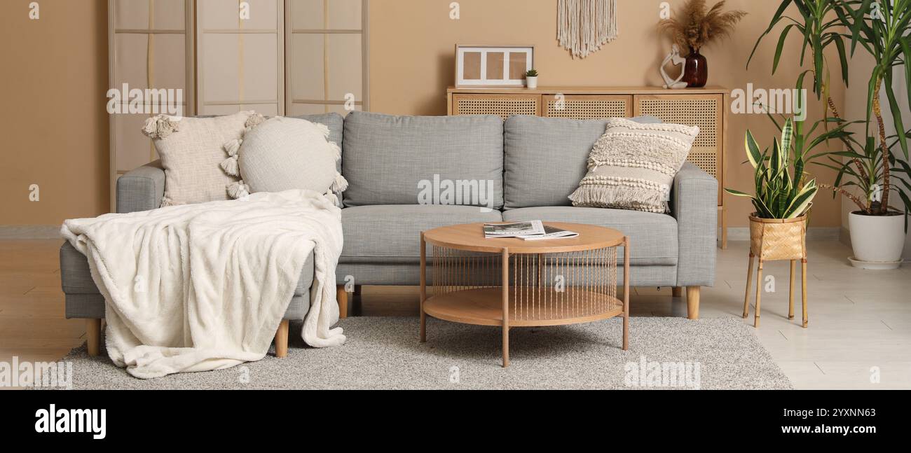 Modern interior of living room with grey sofa Stock Photo - Alamy