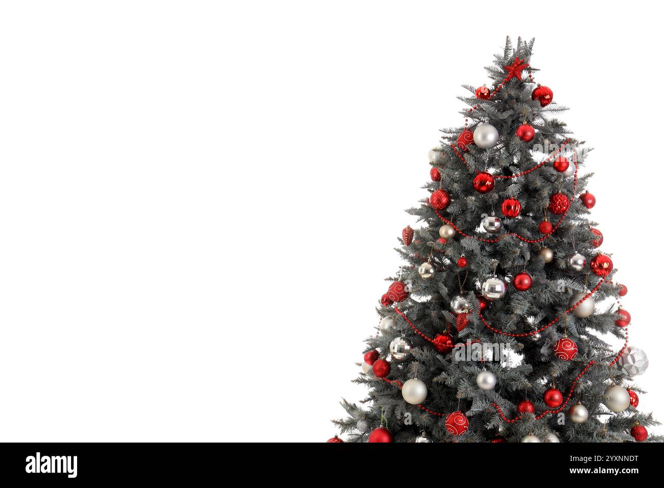 Christmas tree with beautiful decorations on white background Stock ...