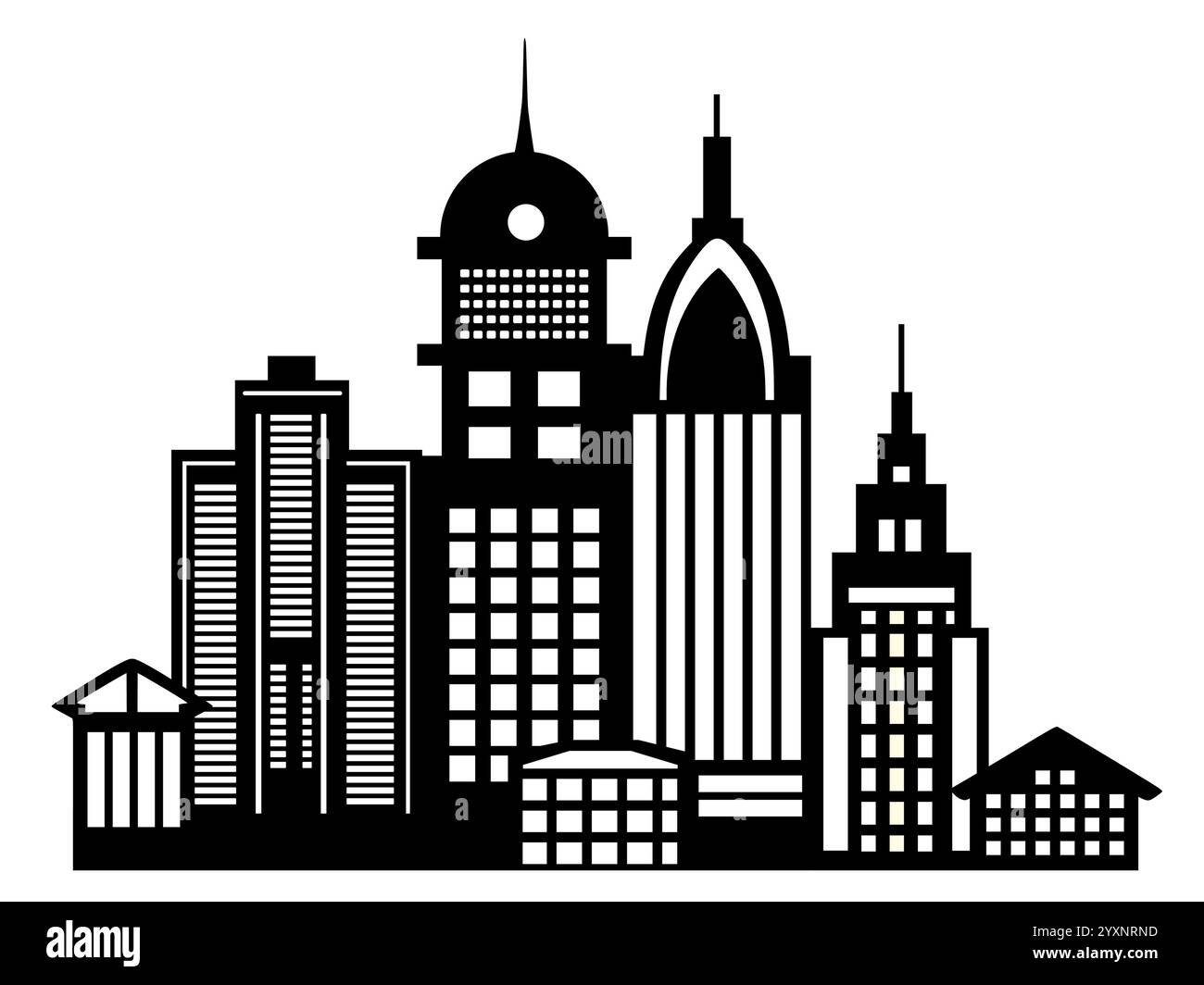 This black and white vector illustration shows a city skyline with ...