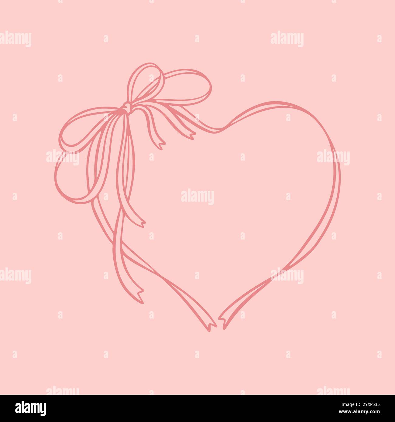 Bow heart ribbon frame drawing. Wedding, save the date vintage design element. Cute line coquette romantic vector illustration. French patisserie styl Stock Vector