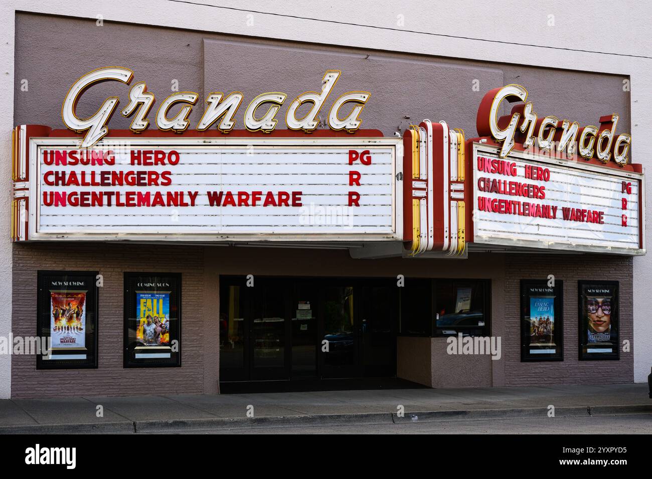 La Grande, OR, USA - April 27, 2024; Granada marquee at La Grande cinema with movie titles Stock Photo