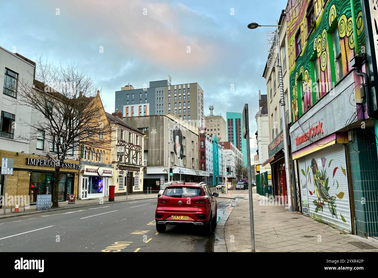 Looking up High Street. Swansea, Wales, United Kingdom. 11th December 2024. - Smartphone Captured Stock Image