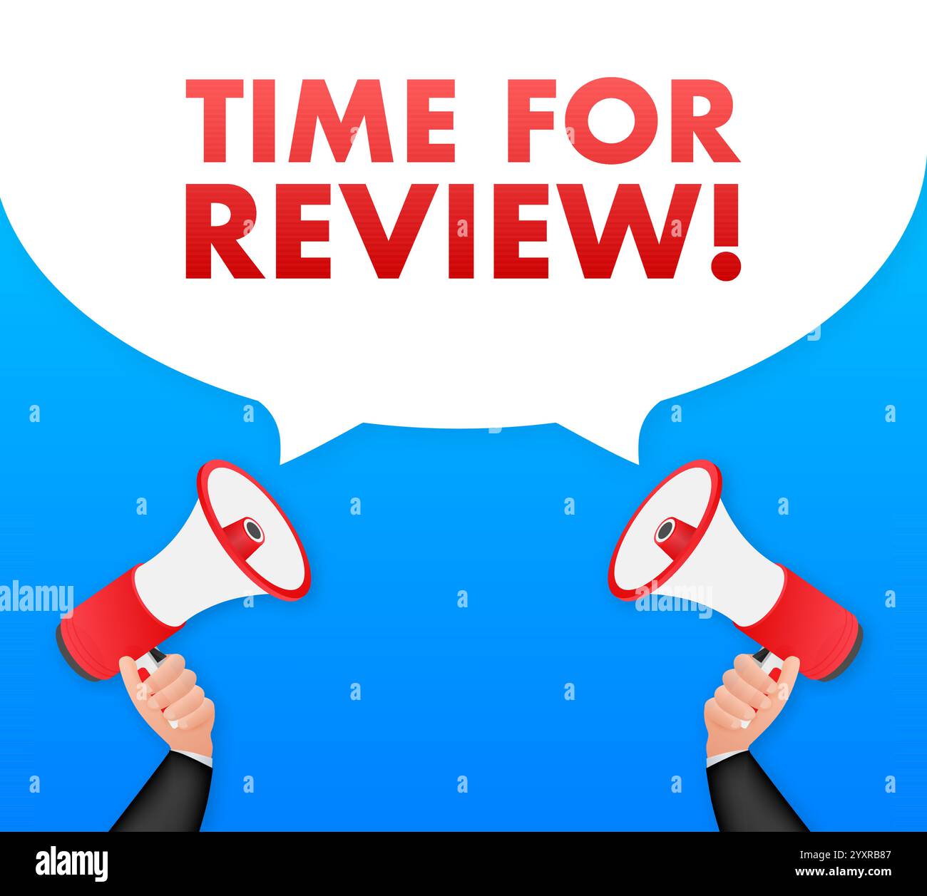 Hands holding megaphones announcing time for review Stock Vector