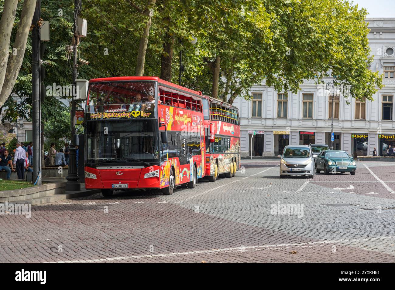 Tbilisi, Georgia - 06 September 2019: Red bus at The Shota Rustaveli ...