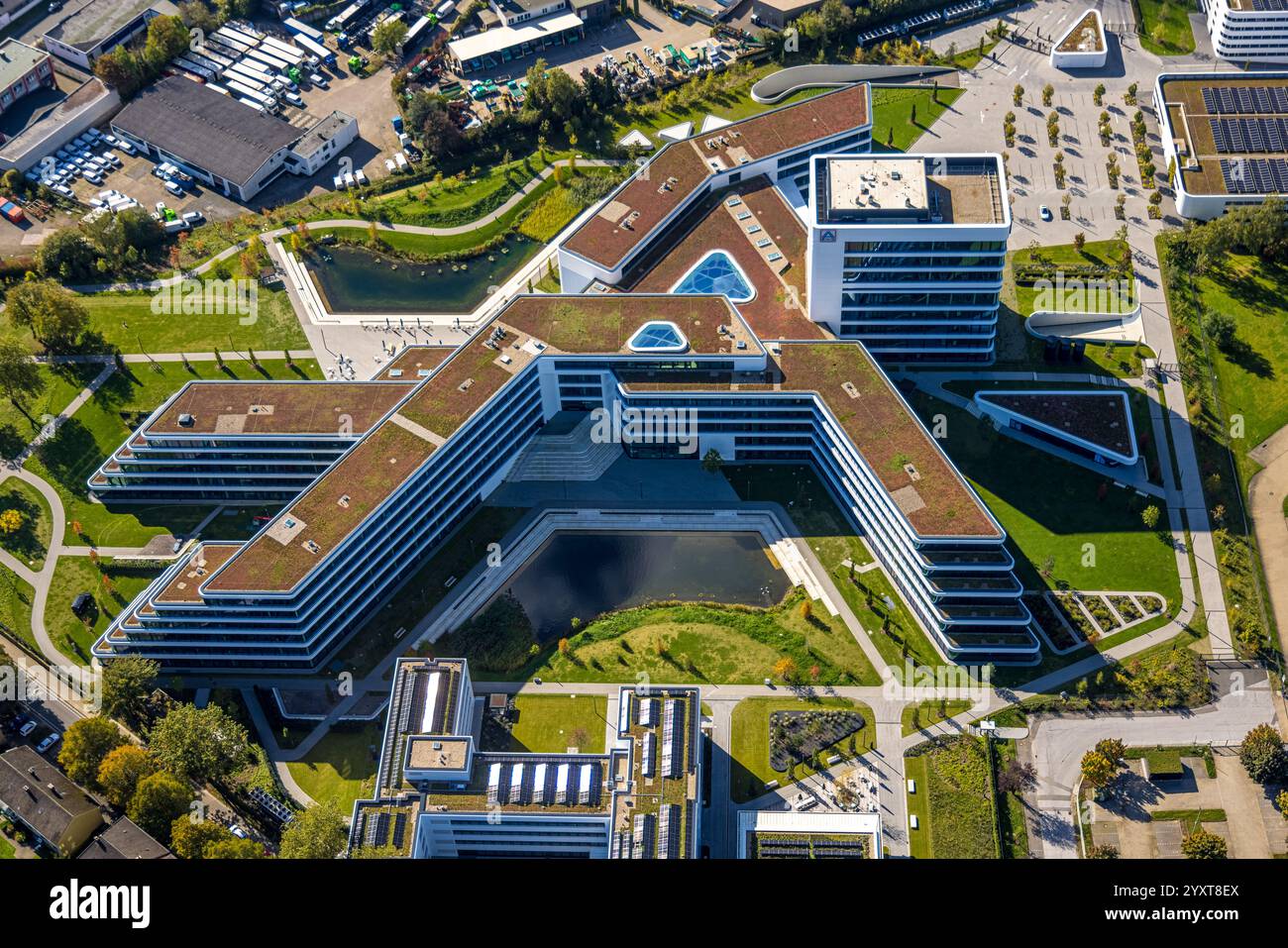 Aerial view, Aldi Nord Campus, building shape corresponds to the Aldi logo, Eckenbergstraße, Kray, Essen, Ruhr area, North Rhine-Westphalia, Germany Stock Photo