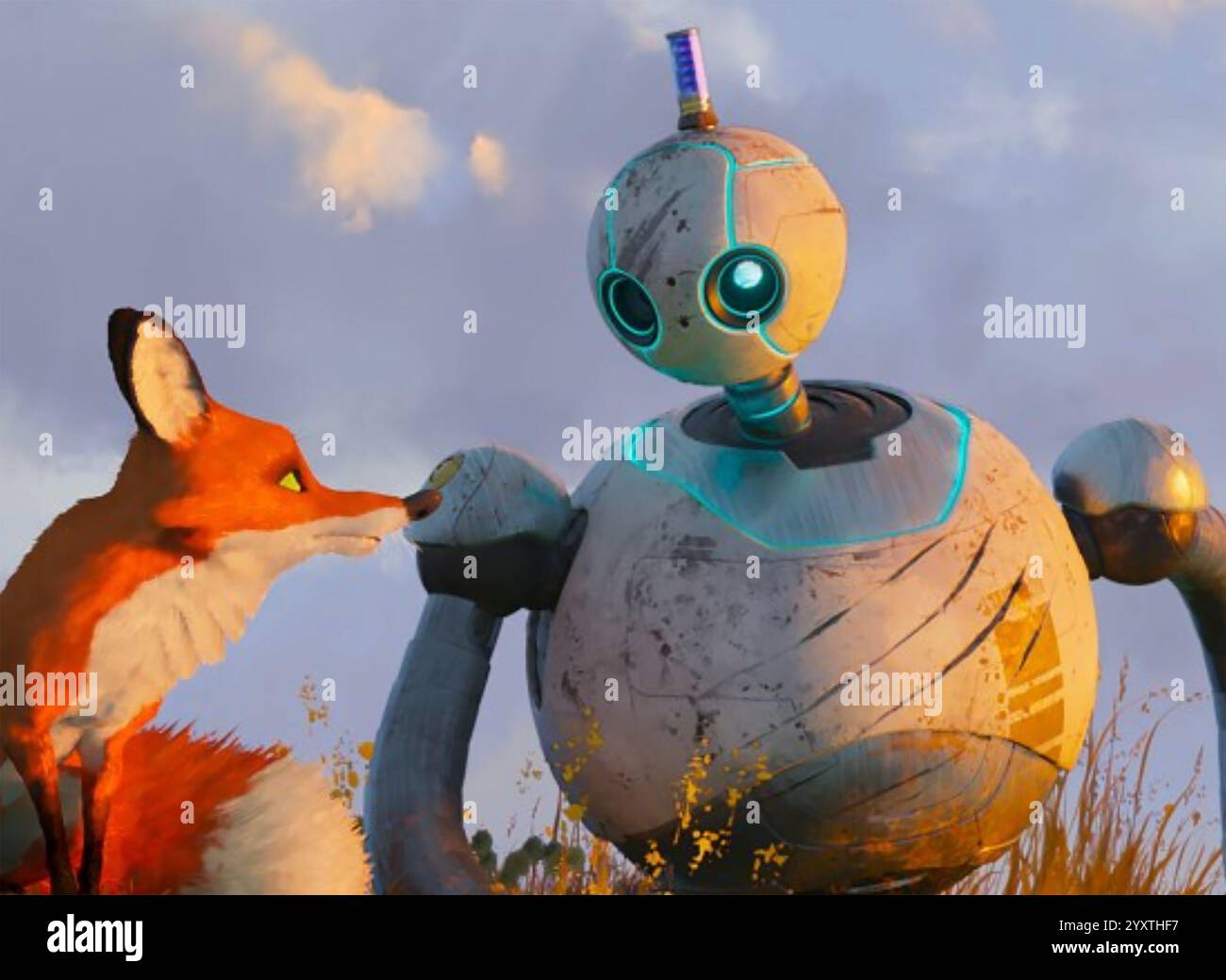 THE WILD ROBOT 2024 Dreamworks Animation film with  the robot Rozzum voiced by Lupita Nyong'o and Pedro Pascal voicing the red fox Fink Stock Photo