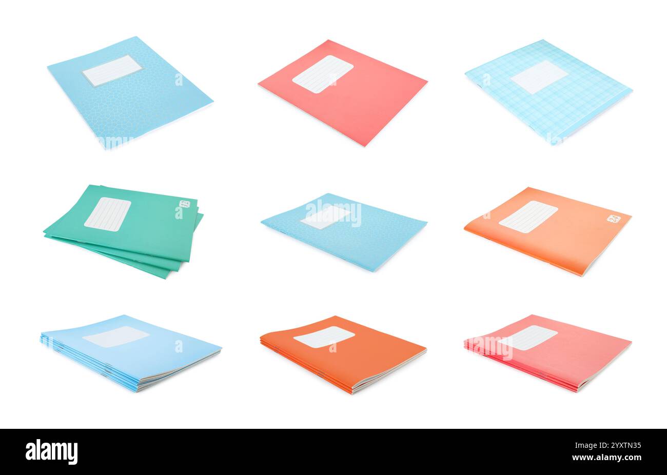 Many different notebooks on white background, set. School stationery Stock Photo