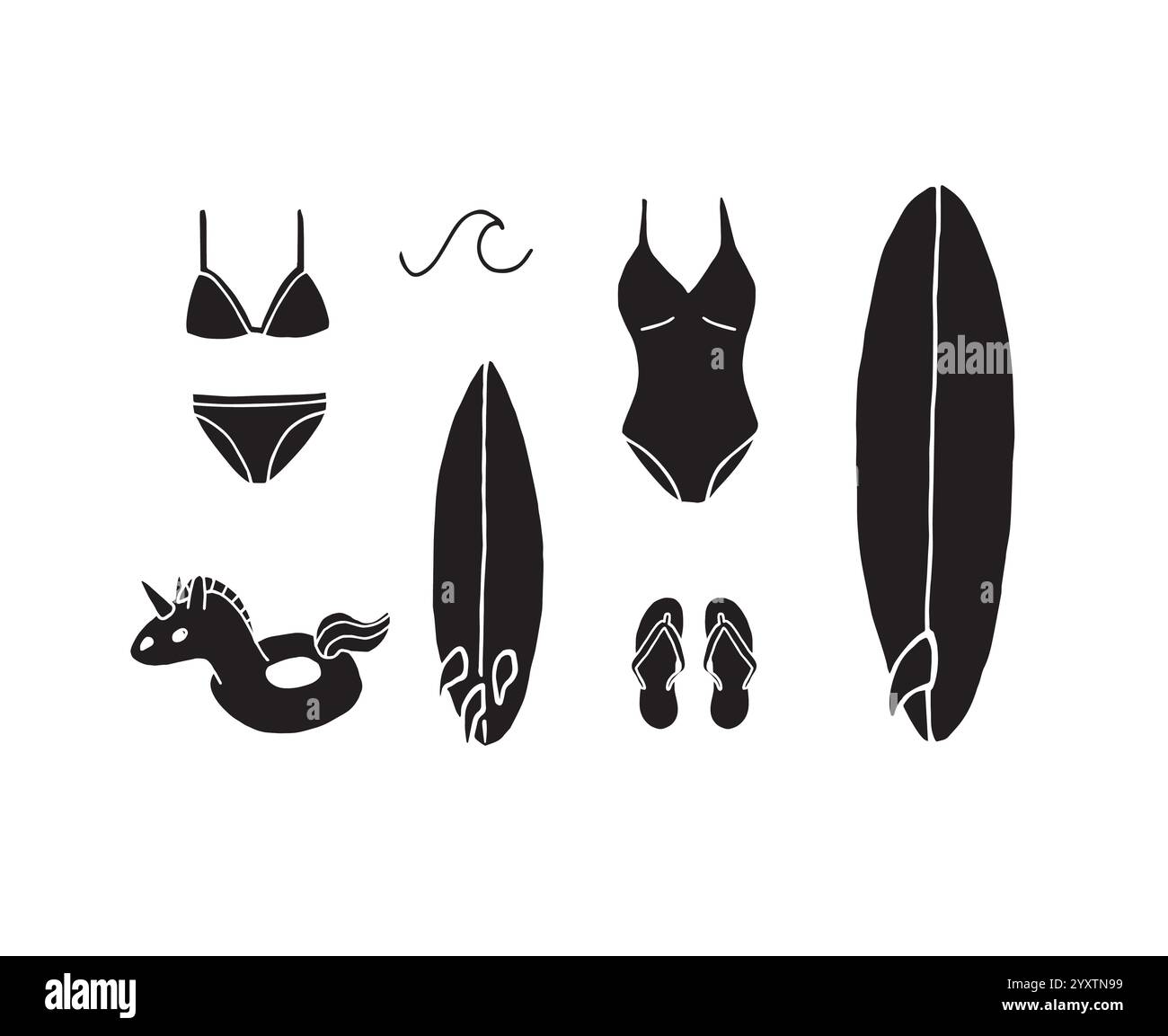Vector set bundle of black hand drawn doodle sketch beach surf and ...