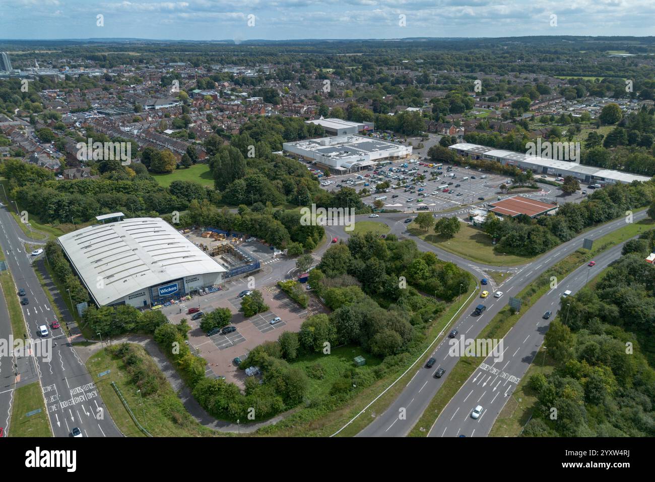 Aerial view of Wickes Basingstoke DIY store and the Morrisions supermarket in Basingstoke, England, UK. Stock Photo