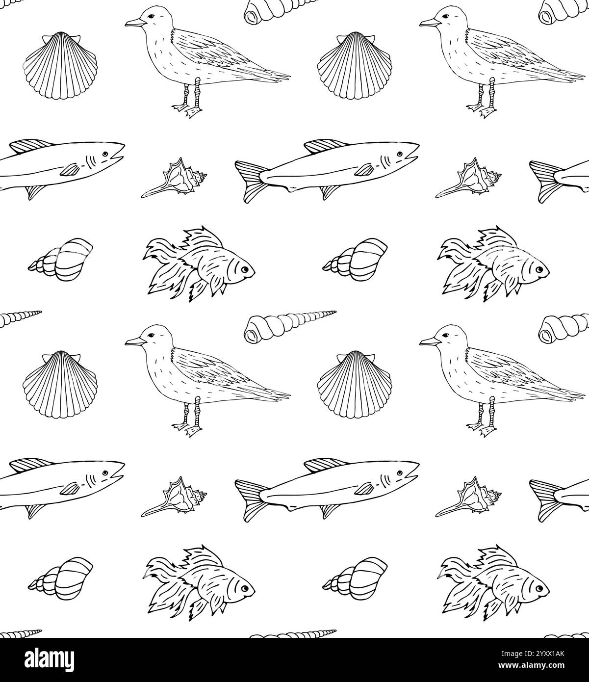 Vector seamless pattern of hand drawn doodle sketch beach sea fish and ...