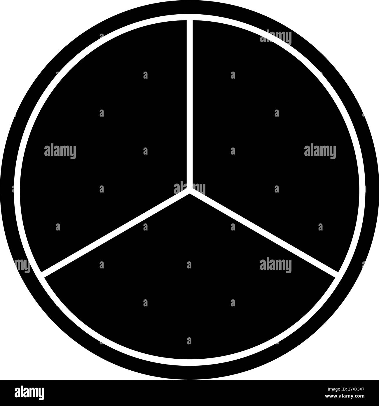 Black circle divided into 3 segments isolated on white background. Round shape cut in three equal parts. Simple circular diagram, statistic wheel, business pie chart. Vector illustration. Stock Vector