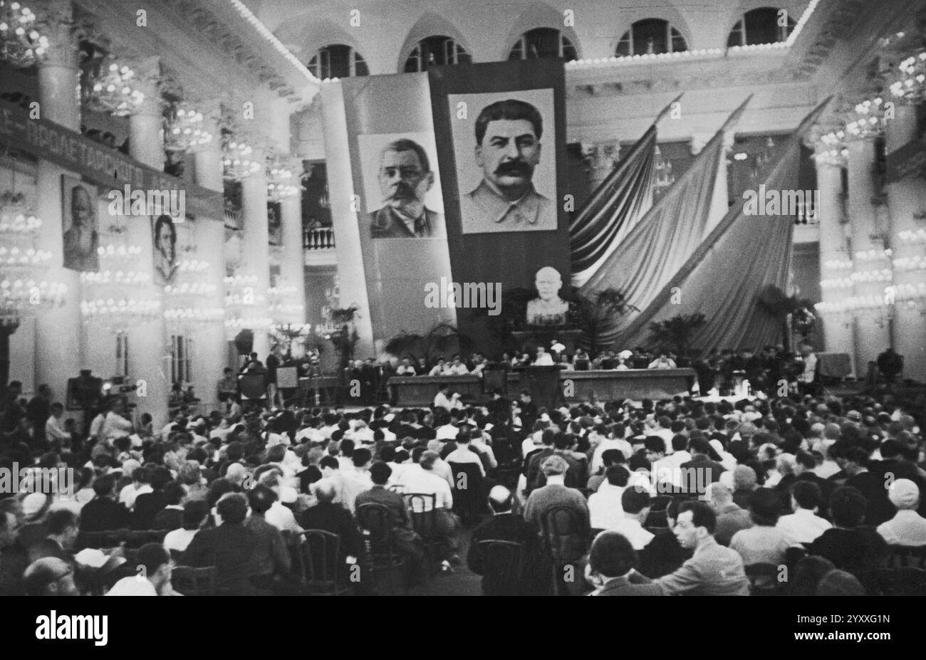The first Soviet writers congress in Moscow in 1934, with portraits of ...