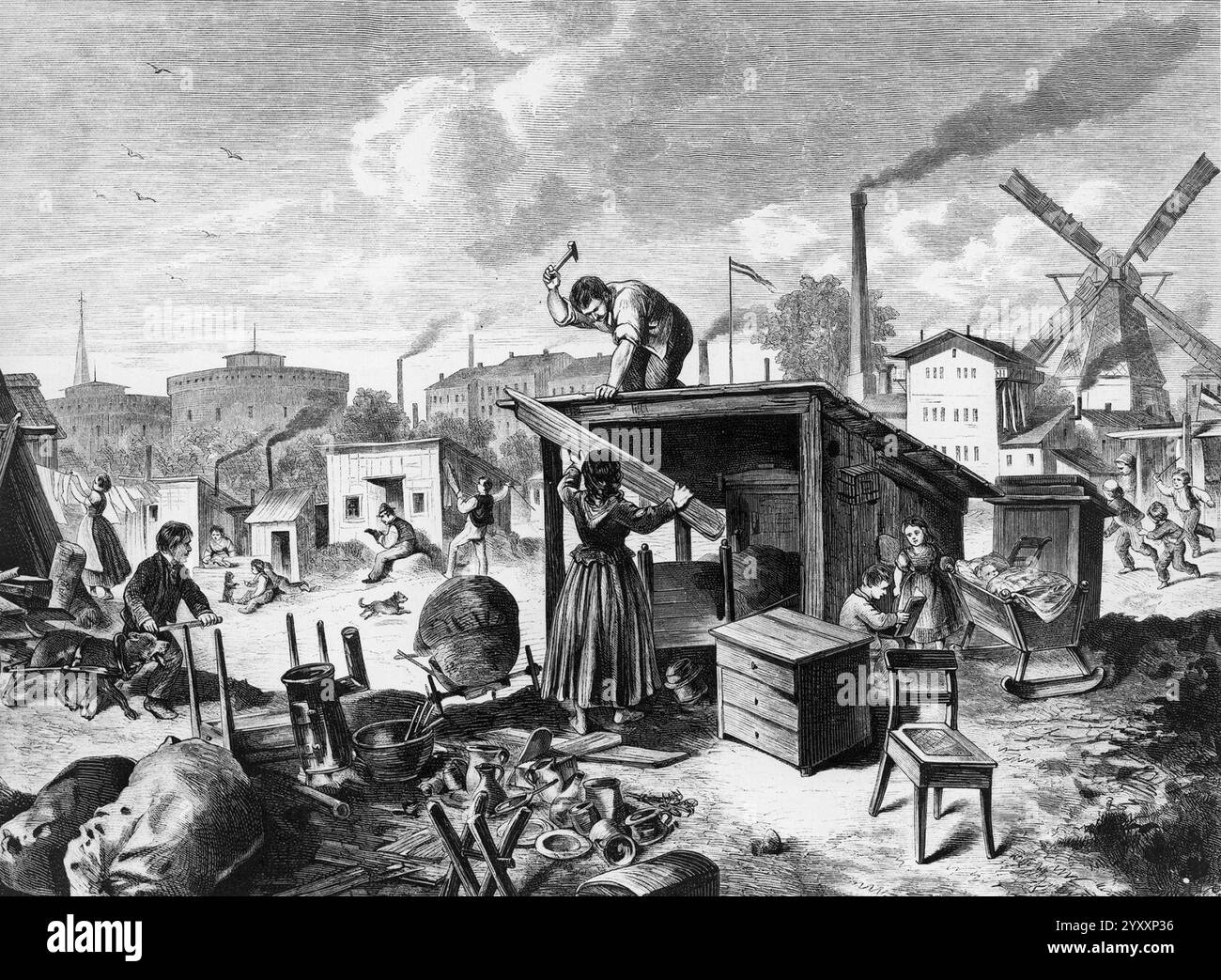 Die Baracken von Obdachlosen in Berlin 1872, Holzstich nach einer ...