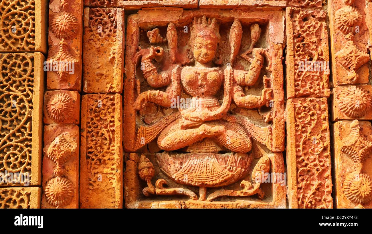 Intricate sculpture of Goddess Bhairavi on Sri Raghunath Temple, Ghurisha , Birbhum, West Bengal, India. Stock Photo