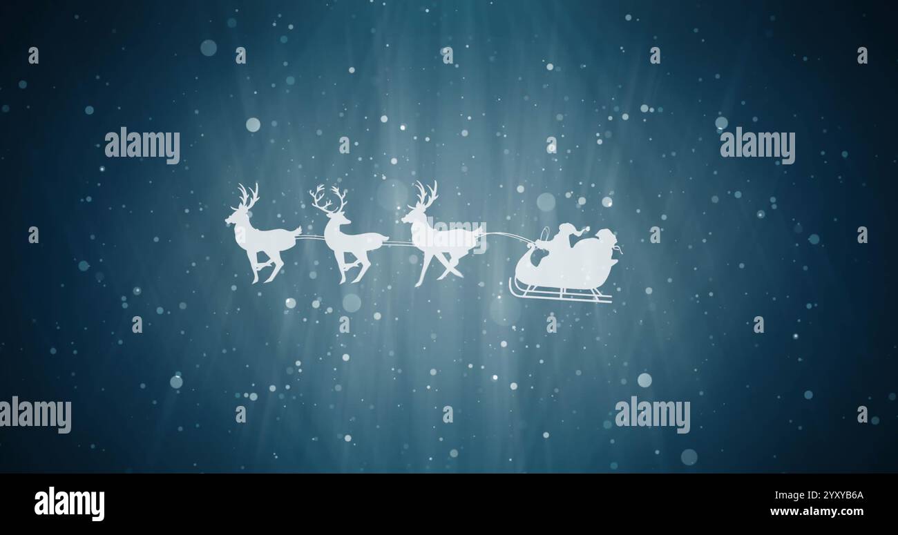 Image of christmas santa claus in sleigh with reindeer and snow falling ...