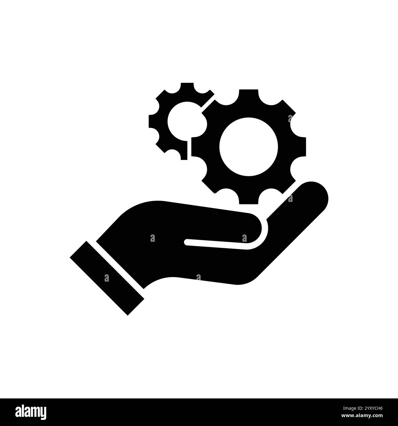 Profession of engineer concept. Line icon of faceless person demonstration round gear with lots of teeth on hand Stock Vector