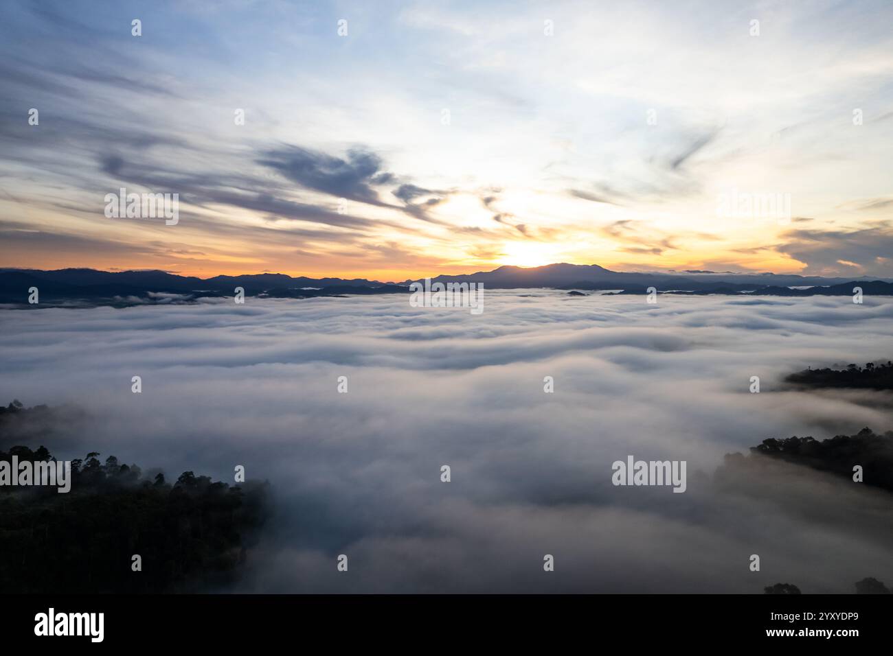 Drone flight over misty hills hi-res stock photography and images - Alamy