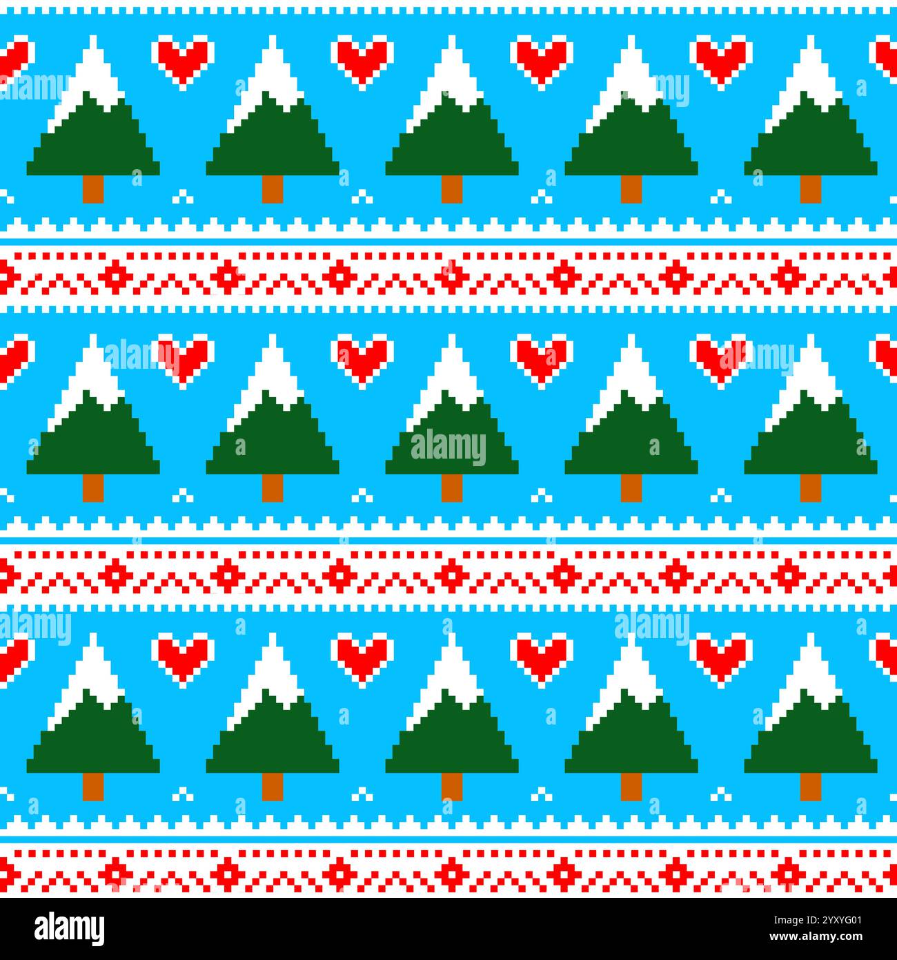 Christmas pattern with pine trees covered in snow and hearts, winter vector seamless pattern Stock Vector