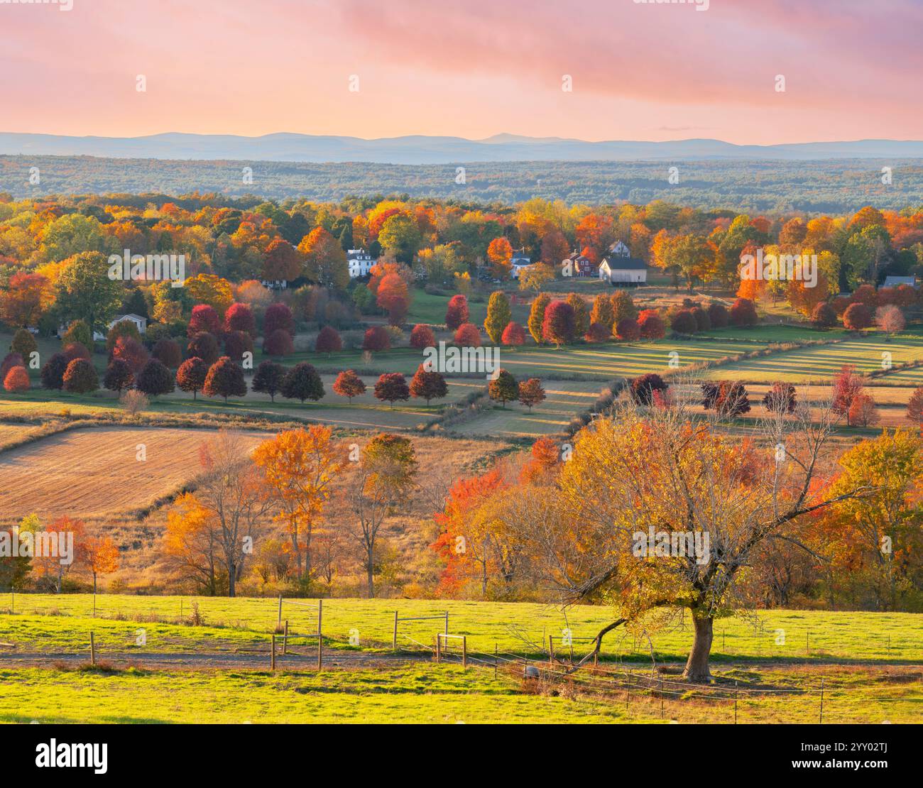 Scenic View at sunset of the small Town ,Church of Groton and Farm Land  Groton, Massachusetts ,New England, USA Stock Photo