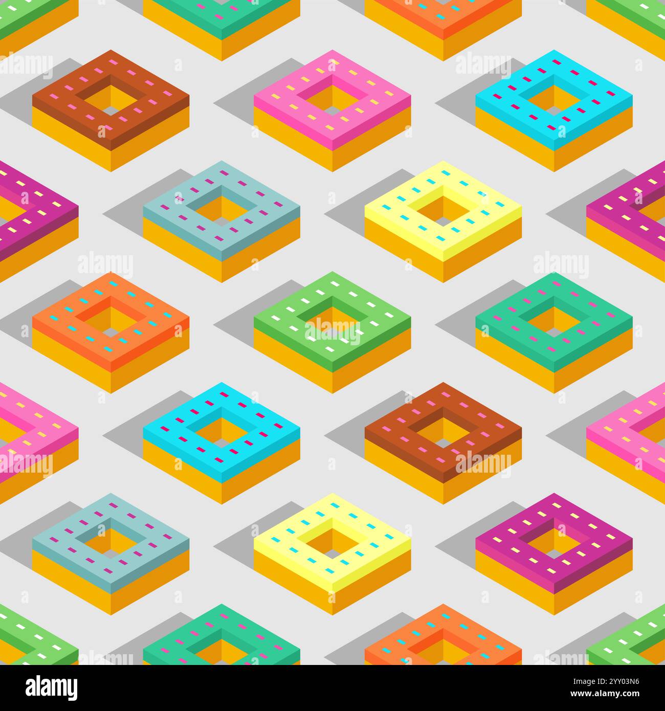 Donut isometric pattern seamless. Sweetness Fast food background Stock Vector