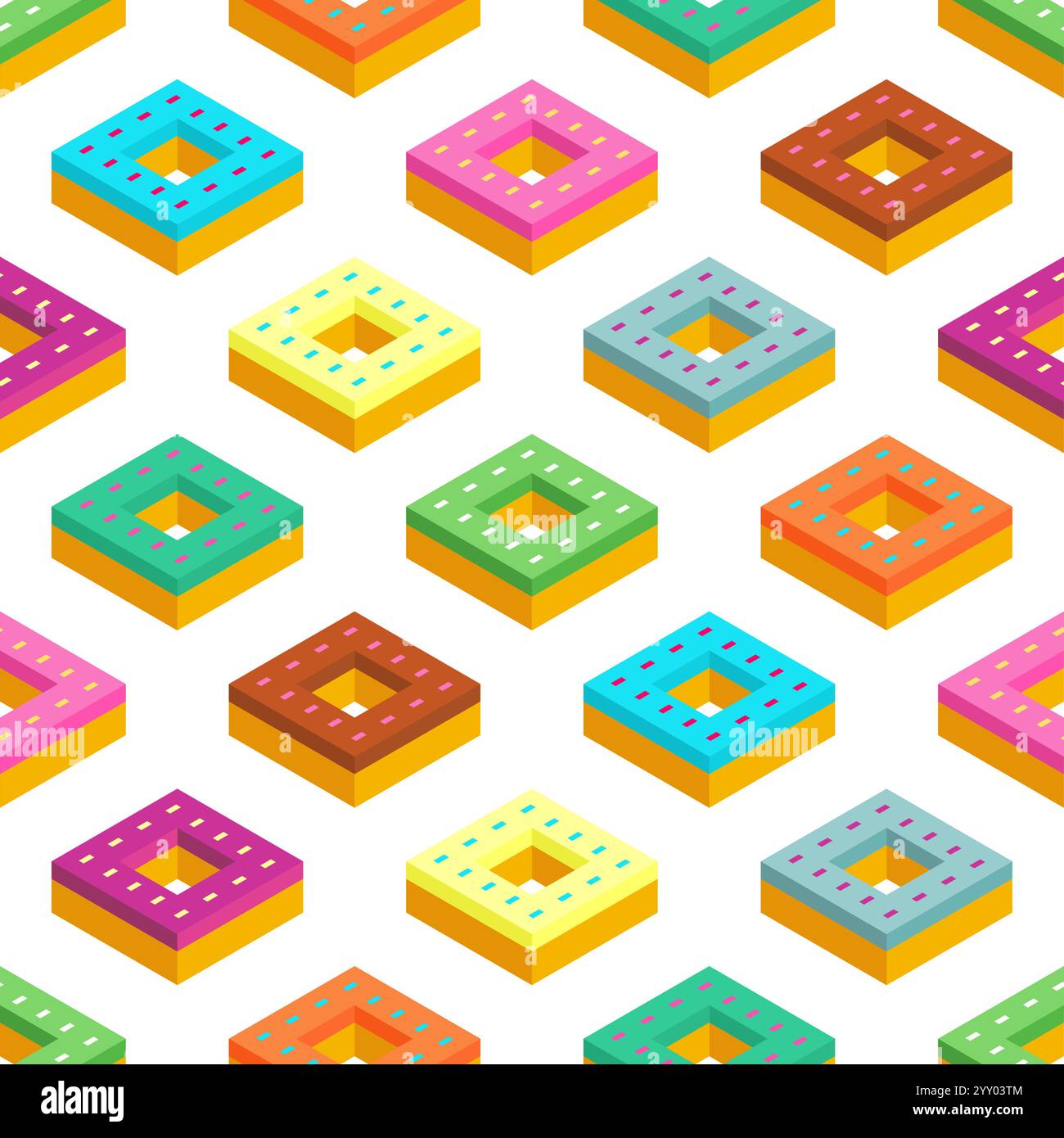 Donut isometric pattern seamless. Sweetness Fast food background Stock Vector