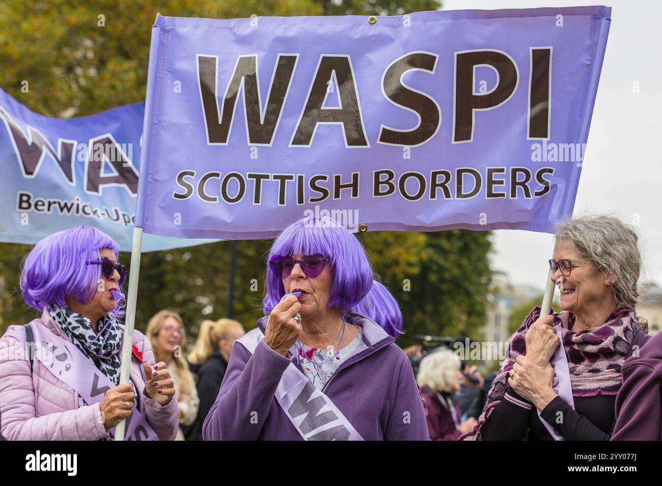 Westminster, London, UK, October 30 2024, WASPI women fromthe Scottish Borders holdiing placards and demonstrating outside the Houses of Parliament, L Stock Photo