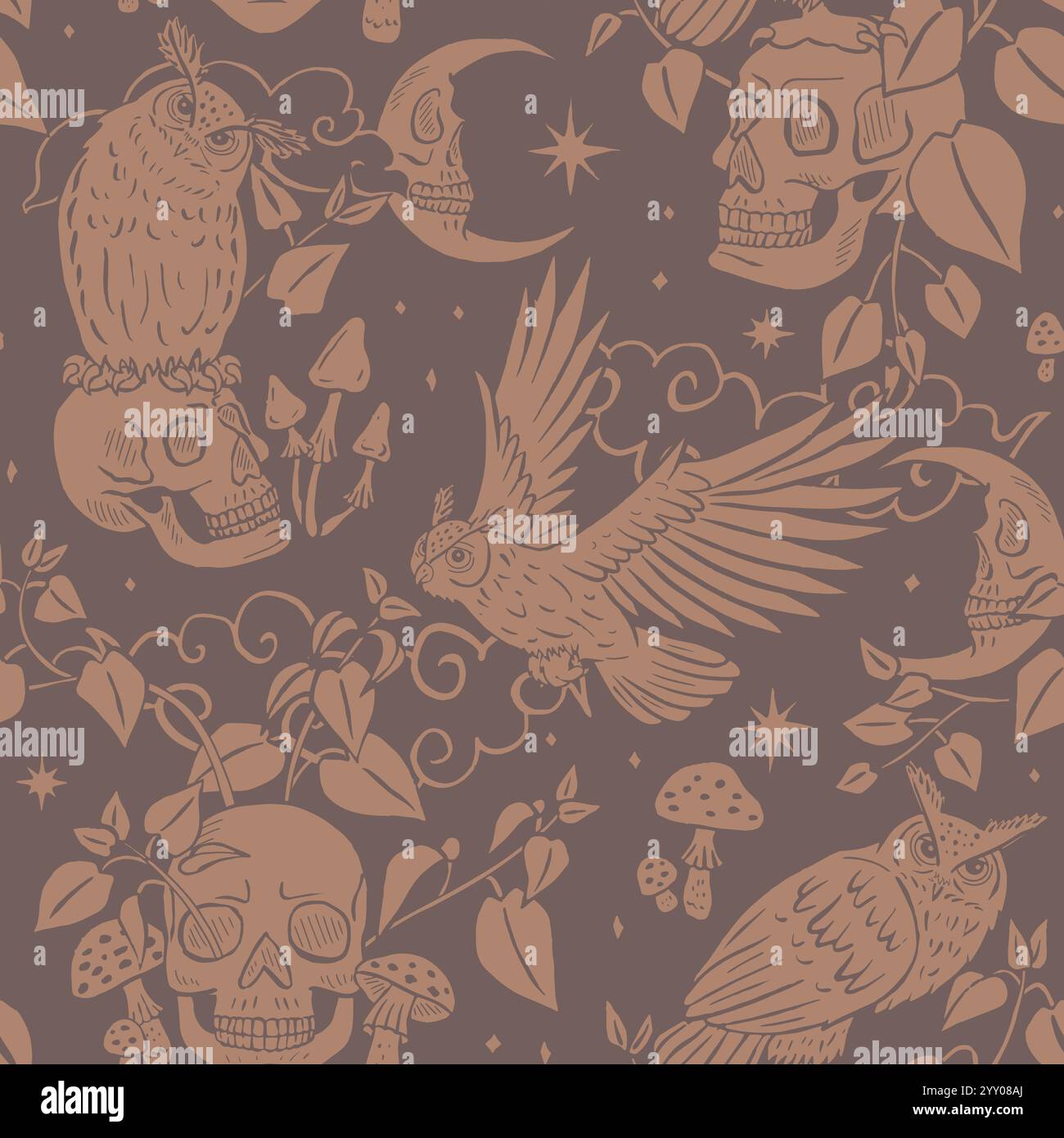 Seamless pattern with hand drawn inky eagle owls sitting on human skulls Stock Vector