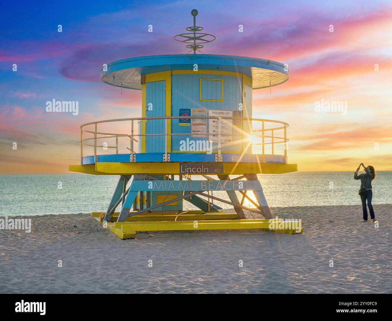 The Lincoln Road 1 Lifeguard Hut, located in South Beach, is a colorful icon of Miami Beach's vibrant coastal culture and design. Blending functionali Stock Photo