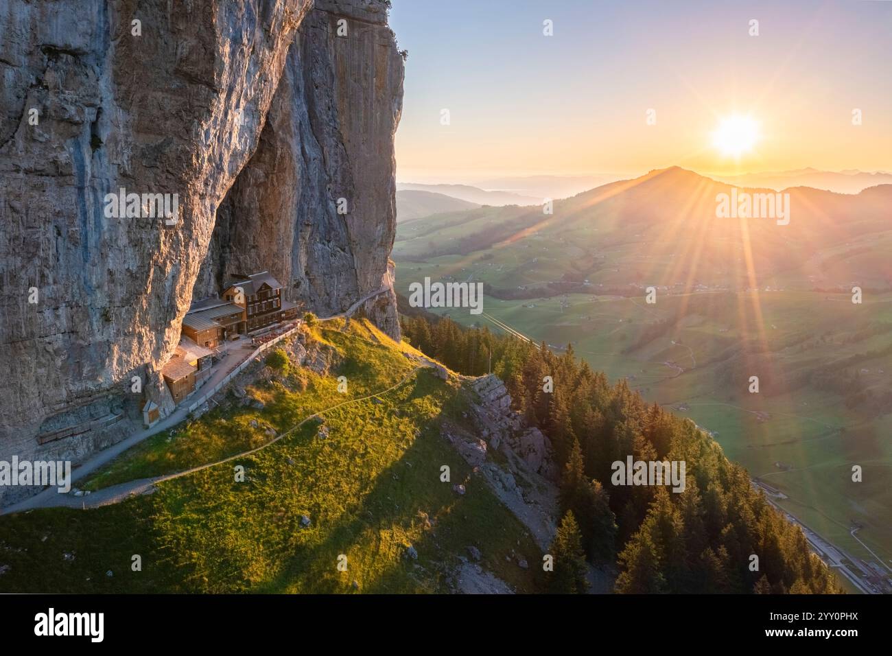 Aerial View Of Berggasthaus Aescher At Sunrise Canton Of Appenzell Aerial View Of Berggasthaus Aescher At Sunrise Canton Of Appenzell
