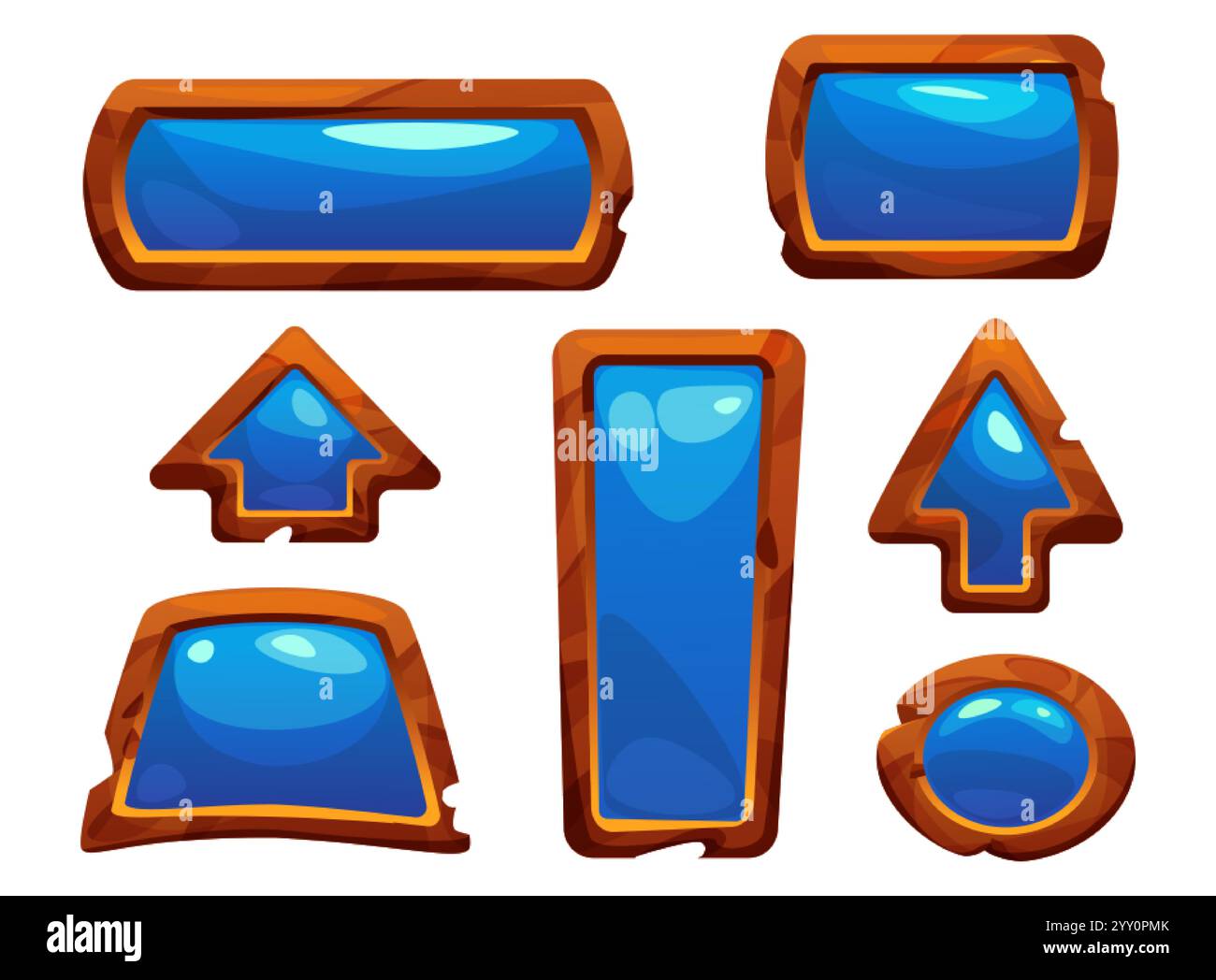 Game wood button, ui frame and arrow cartoon sign. Blue interface ...