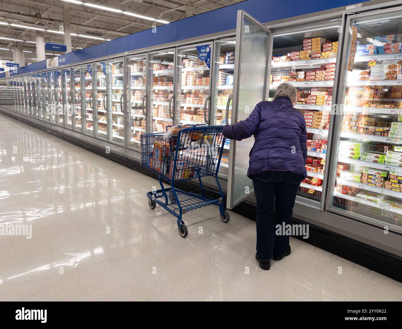 A woman shopping in a frozen food aisle at a Meijer super center chain store in Davison Michigan USA Stock Photo