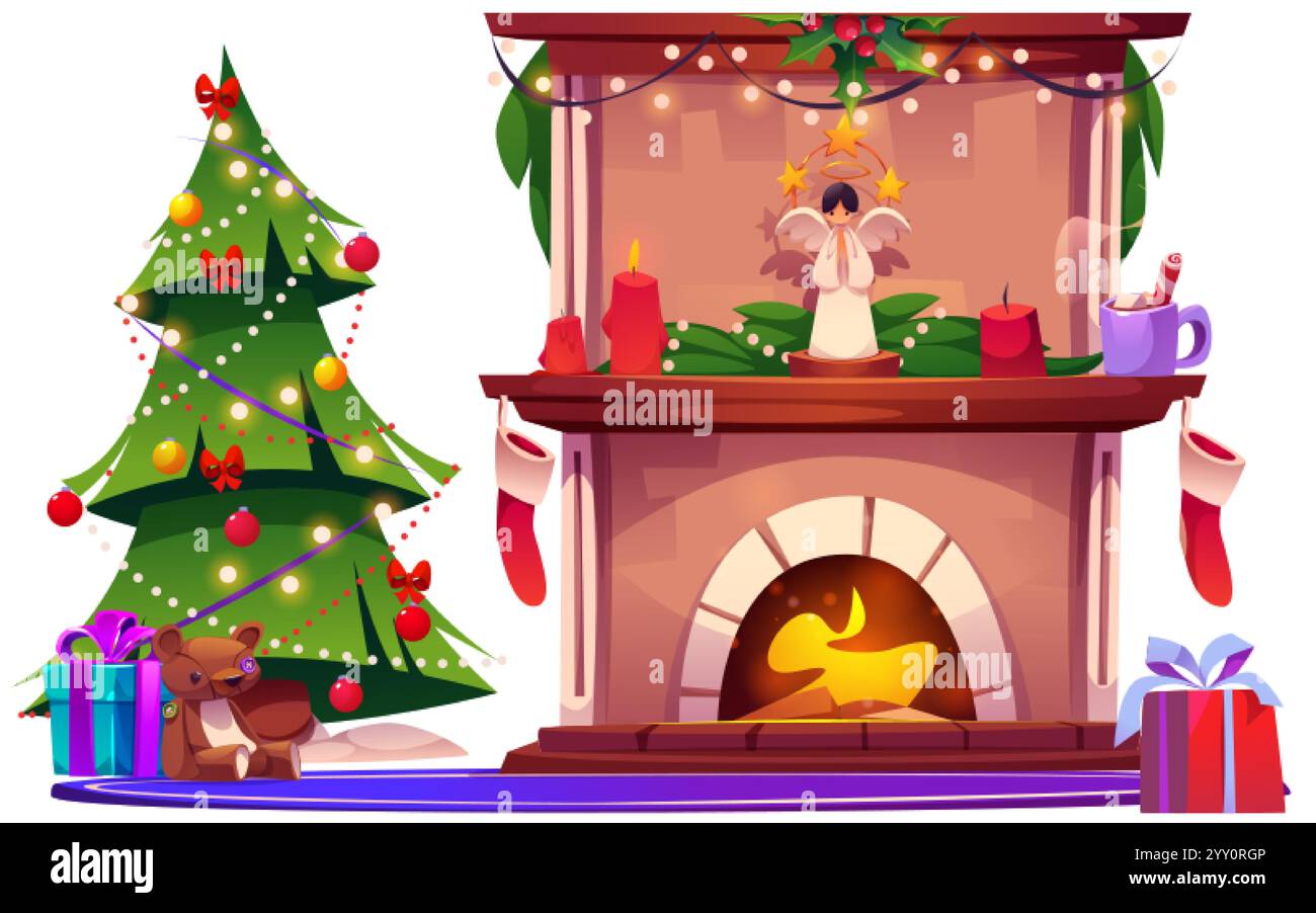 Festive Christmas home interior with decorated tree beside glowing fireplace. Cartoon winter holiday elements - angel and burning candles, hung stocki Stock Vector