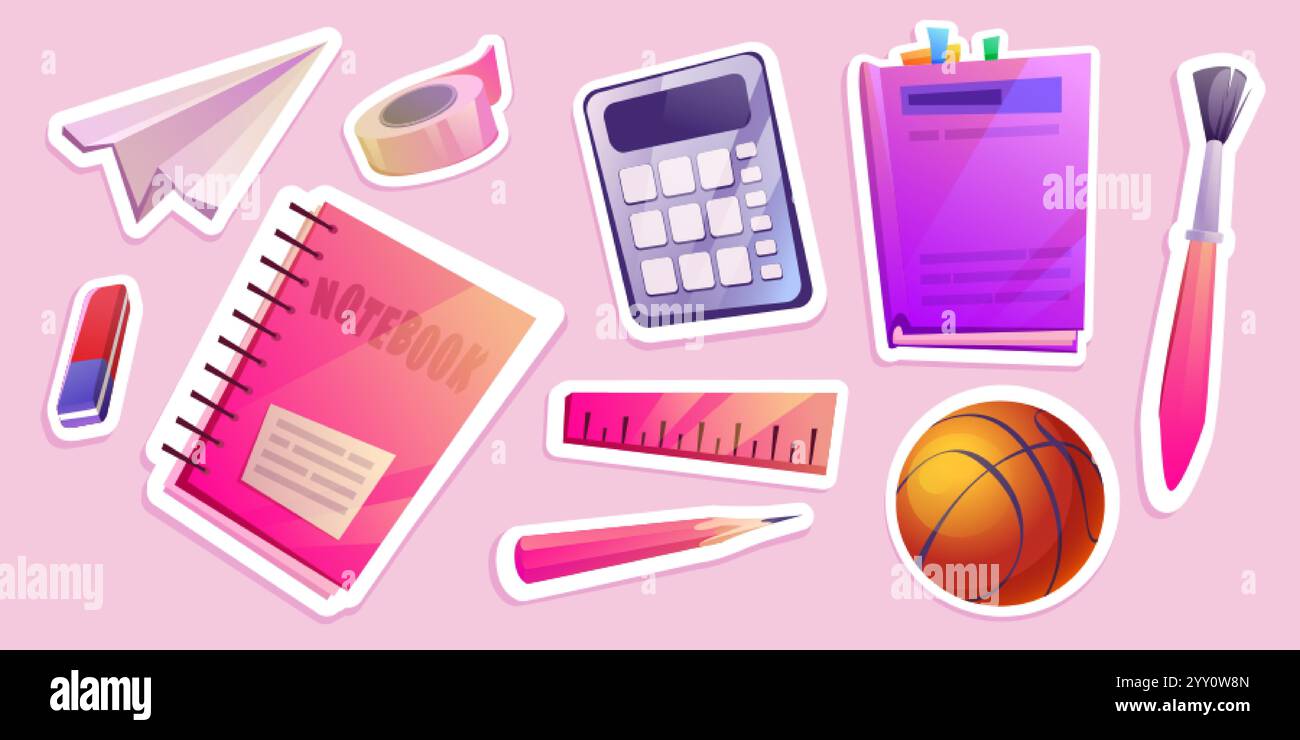 School stationery stickers set isolated on background. Vector cartoon ...