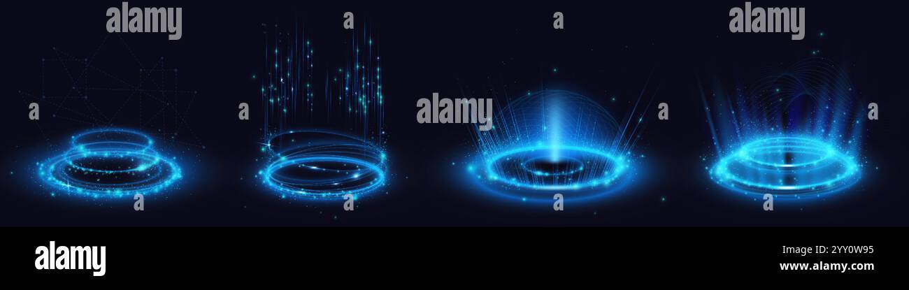 Neon blue light circles set isolated on black background. Vector ...