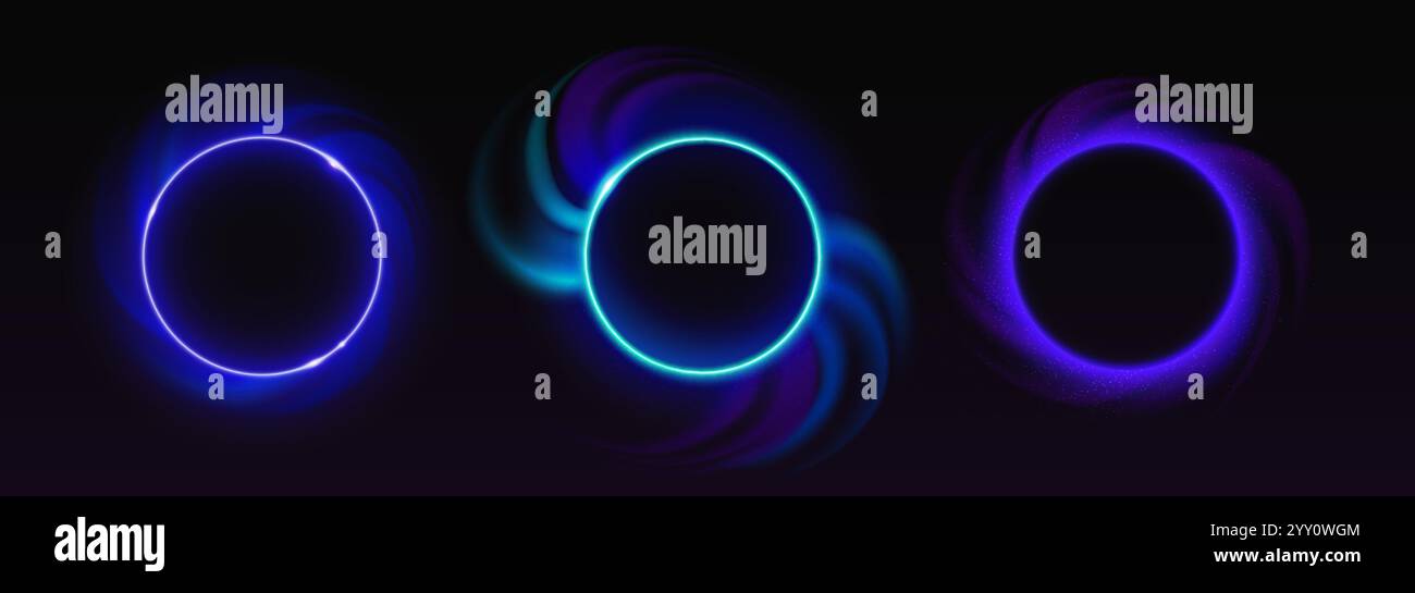 Blue neon light circles set isolated on black background. Vector ...