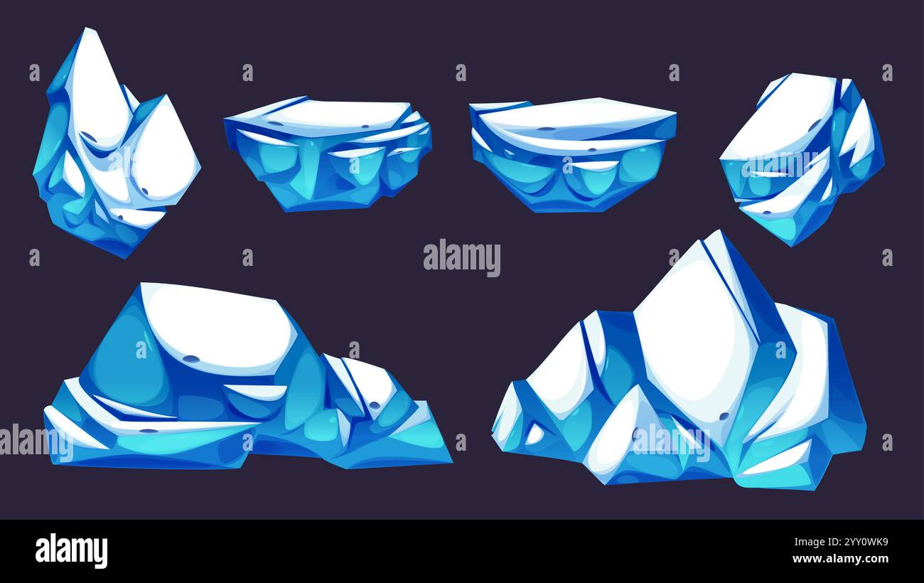 Ice rocks set isolated on black background. Vector cartoon illustration of nordic landscape design elements, iceberg and glacier pieces, arctic snowy Stock Vector