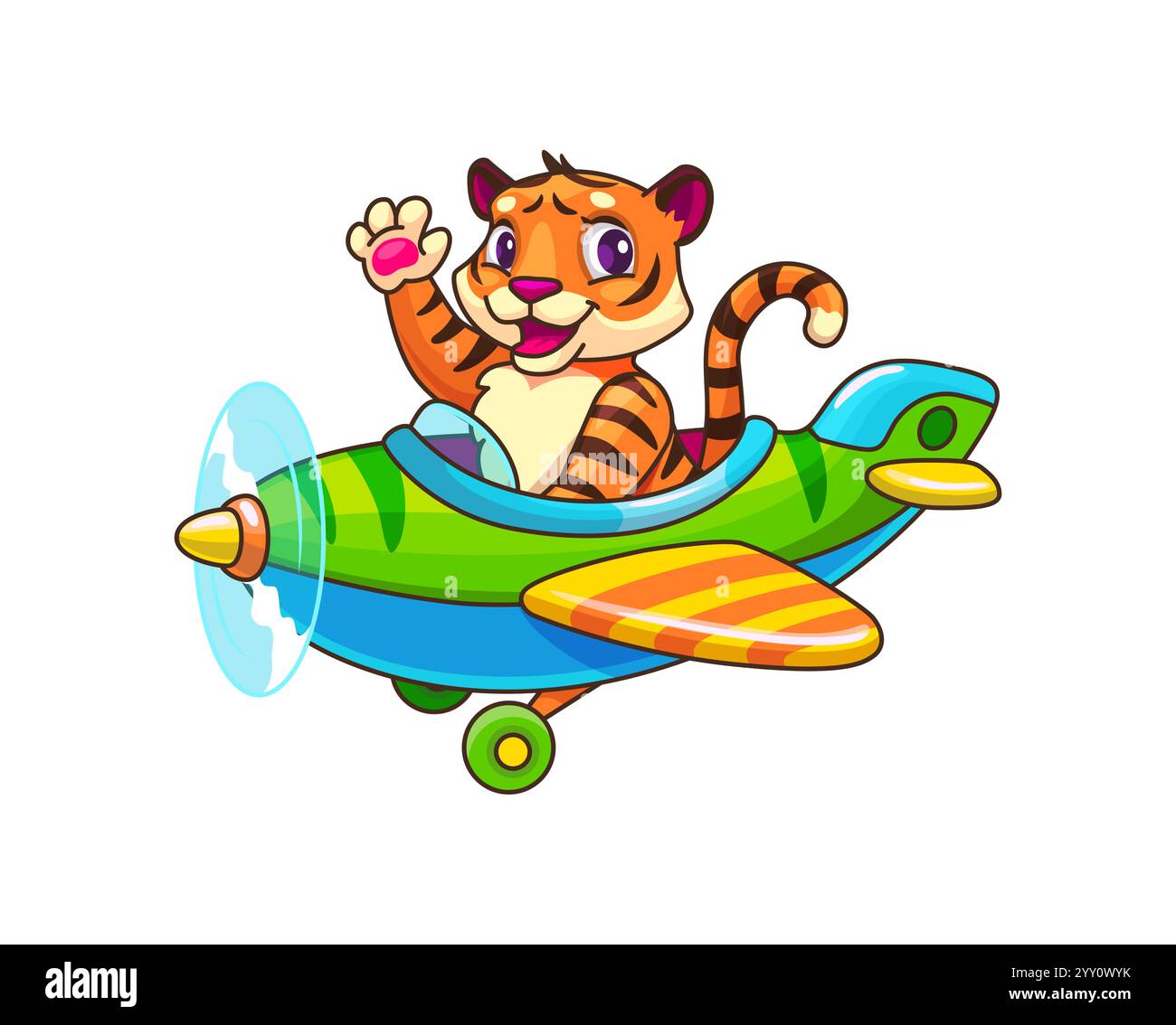 Cartoon tiger animal kid pilot on plane, baby character flying on ...